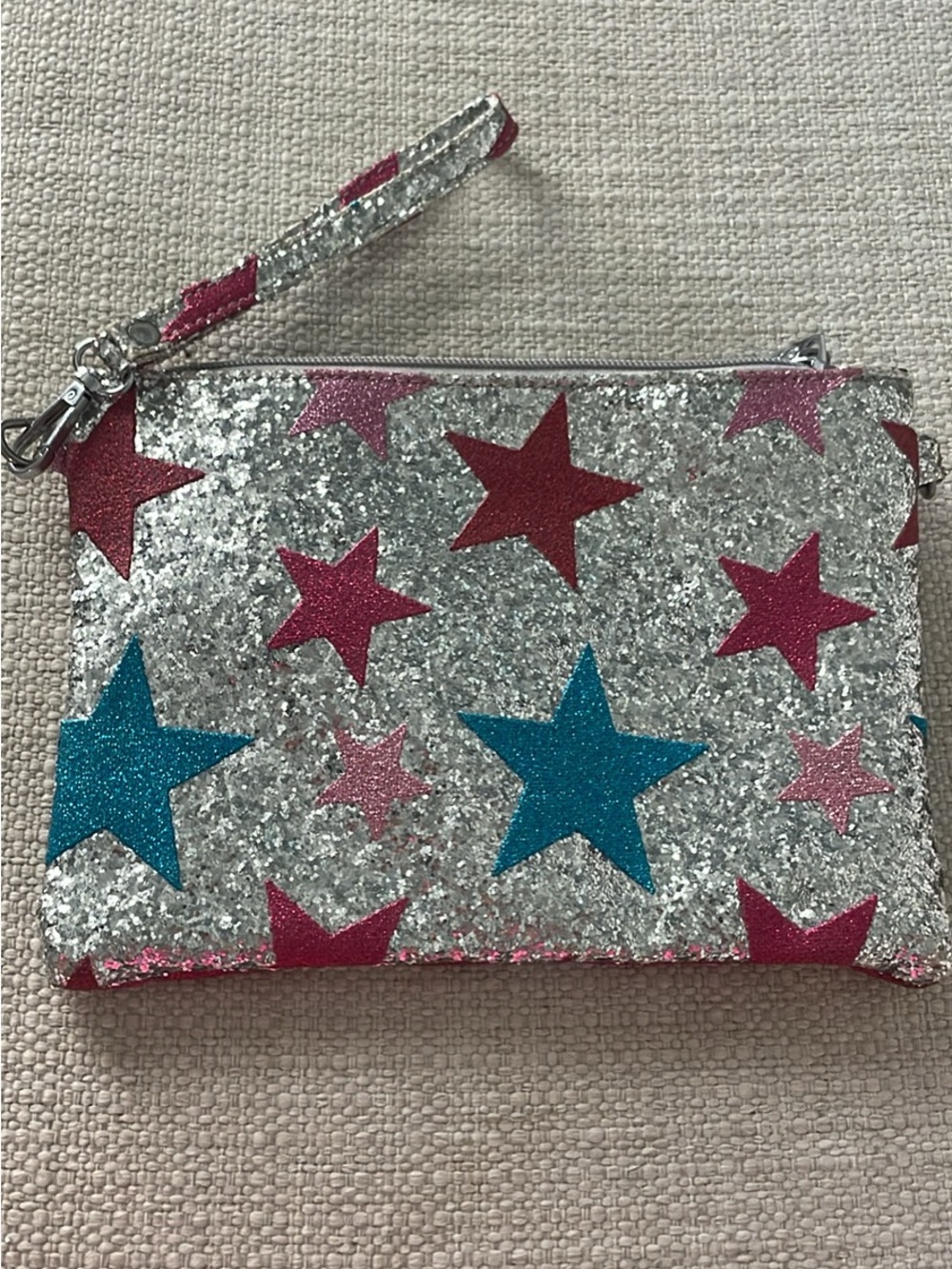 Glitter Star Wristlet Pouch in Silver with Pink & Teal Stars Crossbody